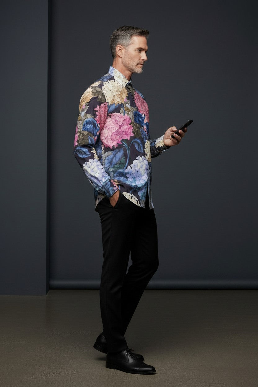 Vercini Slim Fit Long Sleeve Floral Shirt with Rhinestone Accents