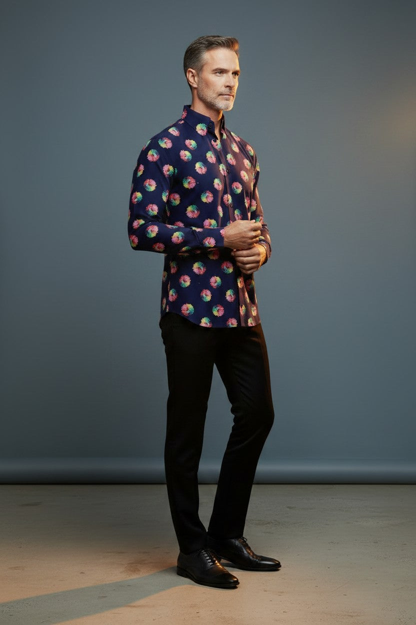 Celestial Bloom Navy Elegance Casual Shirt