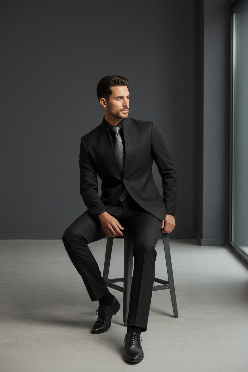 Black Mandarin Collar Tuxedo with Charcoal Paisley Vest & Ascot 2