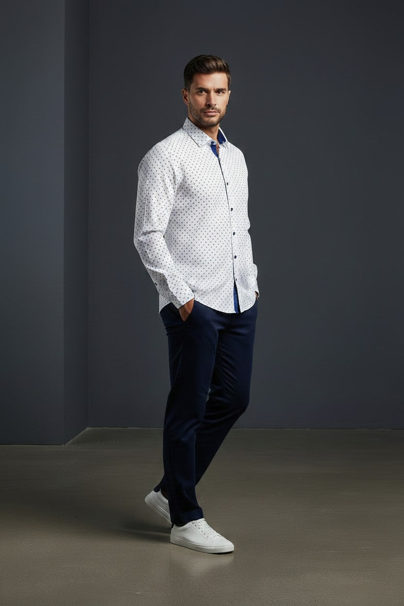 Elegant Turkish Cotton Polka Dot Dress Shirt in Classic White