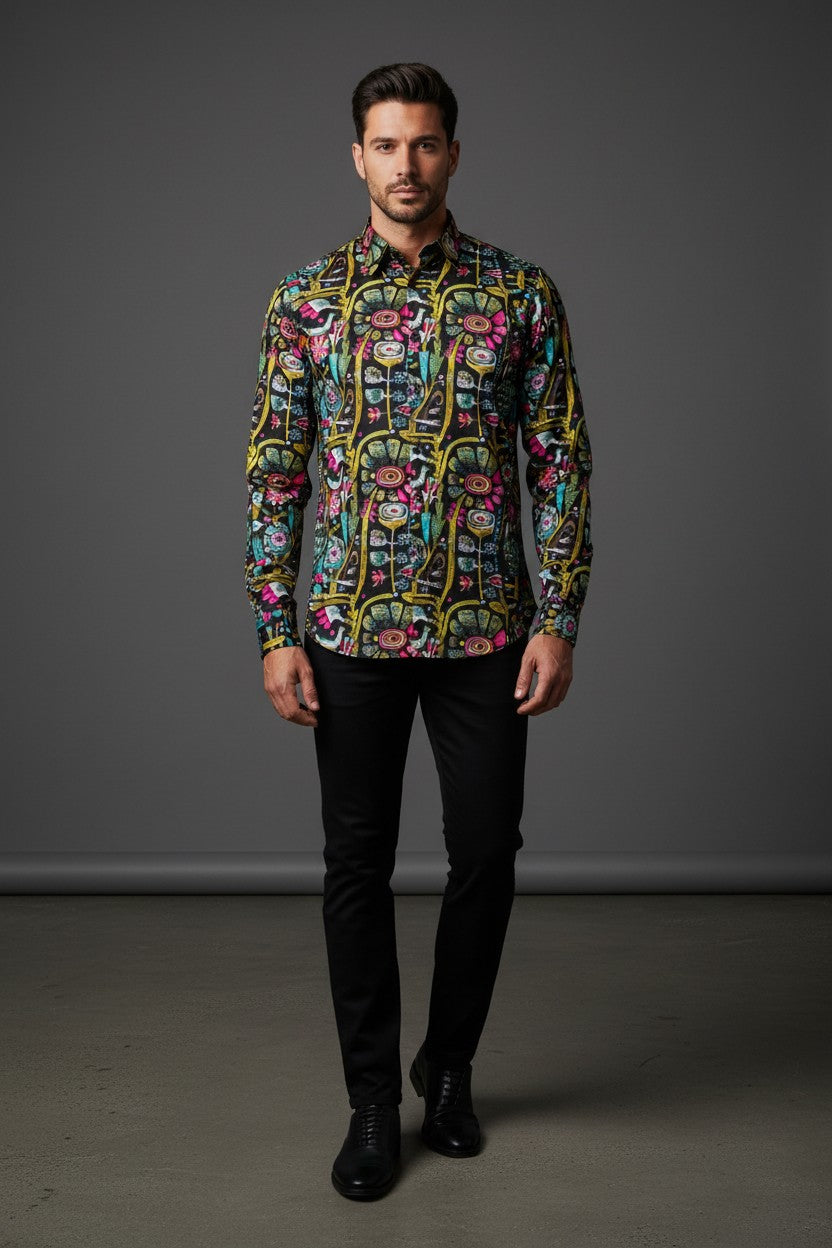 Men's Black Pink Multicolor Casual Shirt