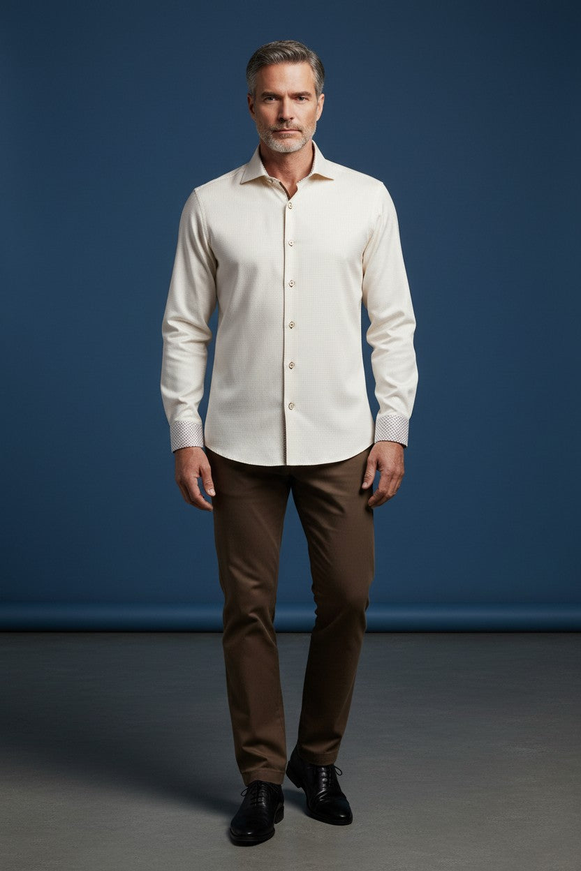 Vercini Beige Cotton Dress Shirt with Brown Trim