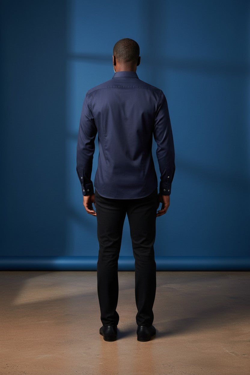 Vercini Navy Blue Premium Cotton Shirt with Patterned Contrast Trim