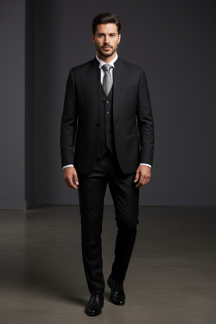 Black Mandarin Collar Tuxedo with Charcoal Paisley Vest & Ascot 2