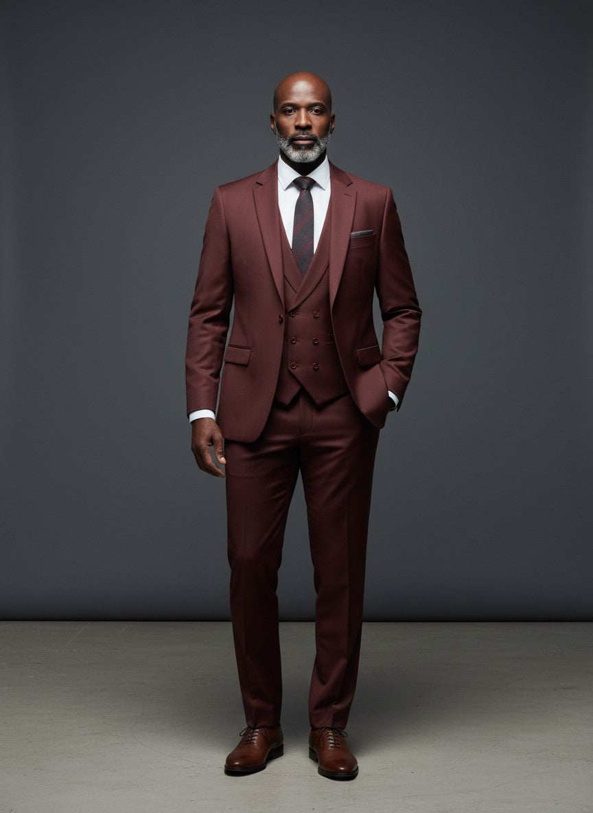 Men's 3 Piece Suit – Burgundy Classic Fit with Red Lining