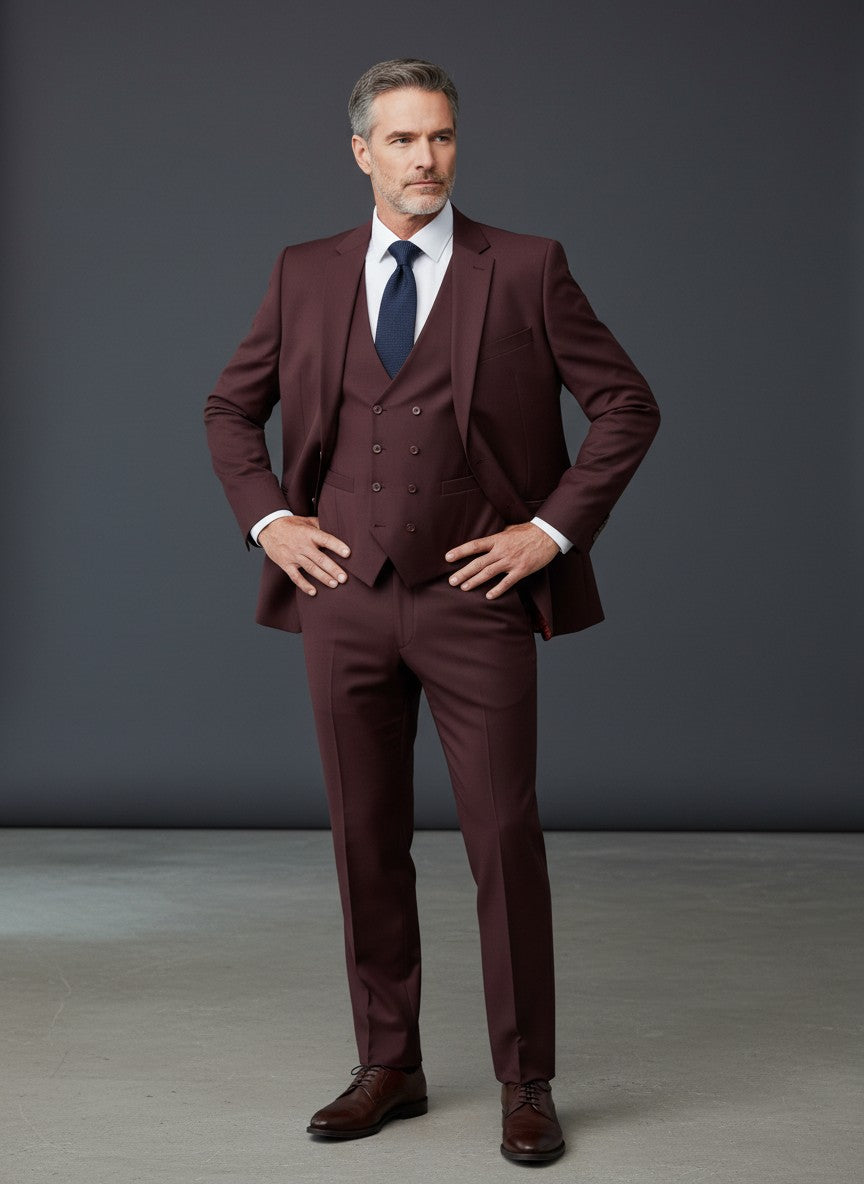 Men's 3 Piece Suit – Burgundy Classic Fit with Red Lining