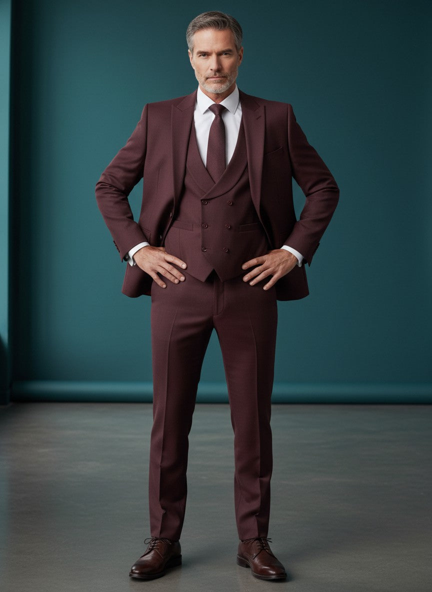 Men's 3 Piece Suit – Burgundy Classic Fit with Red Lining
