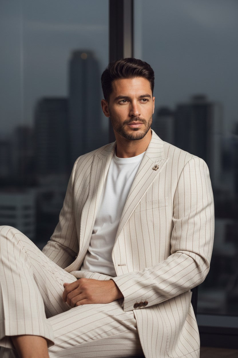 Vercini Ivory Seersucker Suit – Pinstripe Blazer | Luxury Menswear