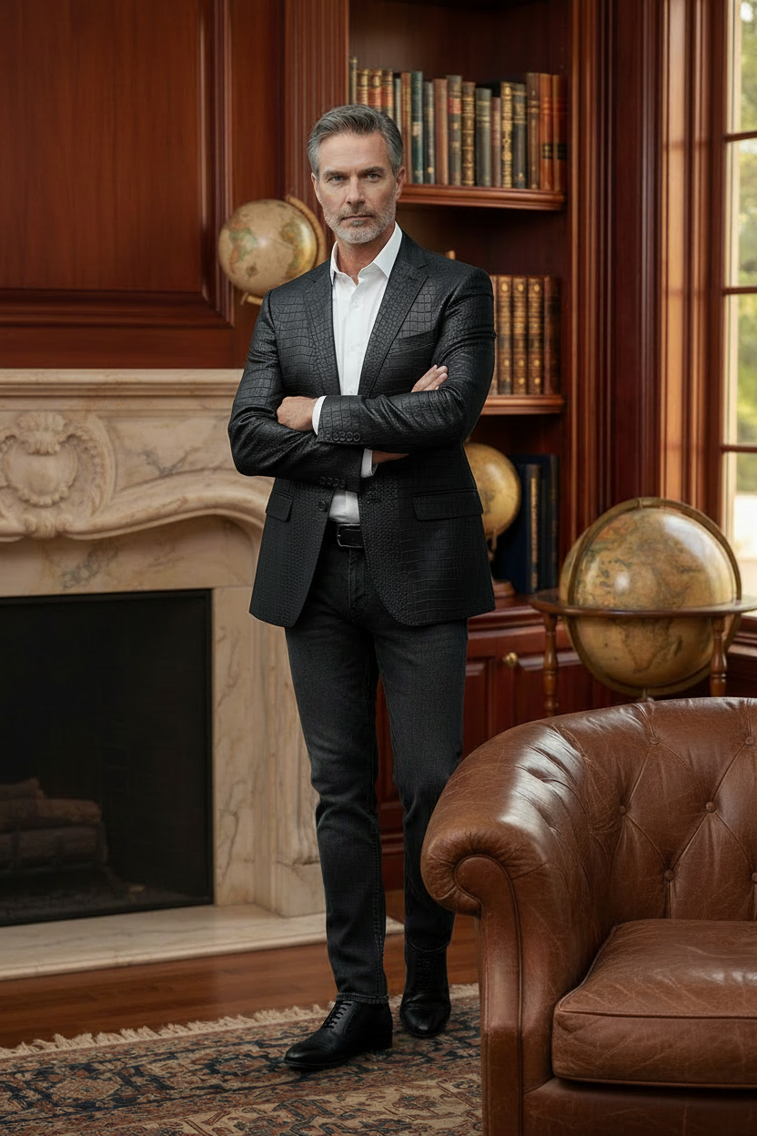 Luxury Crocodile Embossed Blazer - Cognac Brown/black