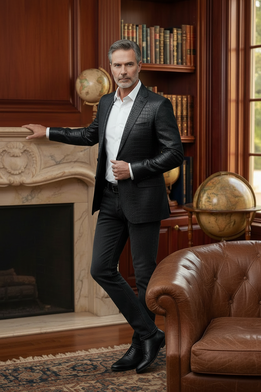 Luxury Crocodile Embossed Blazer - Cognac Brown/black