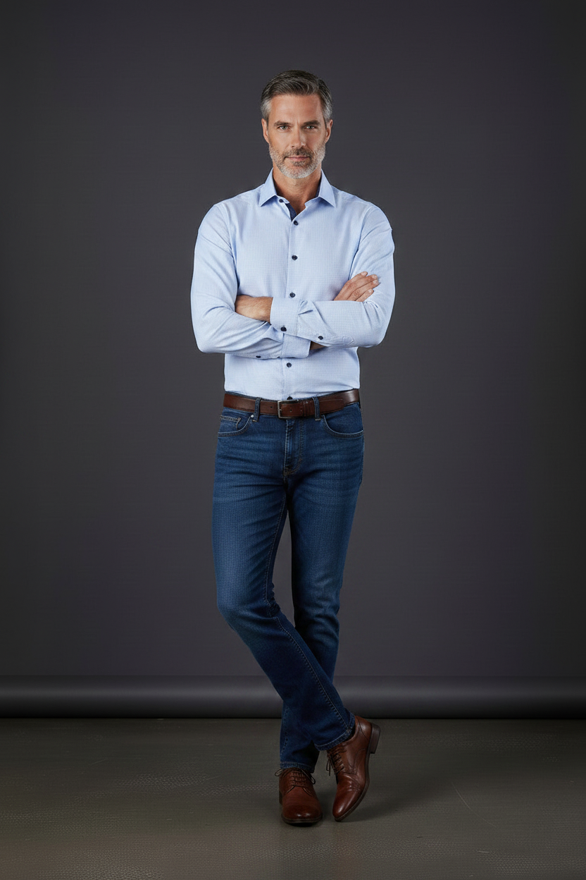 Light Blue Luxury Cotton Dress Shirt with Medallion Contrast Cuffs
