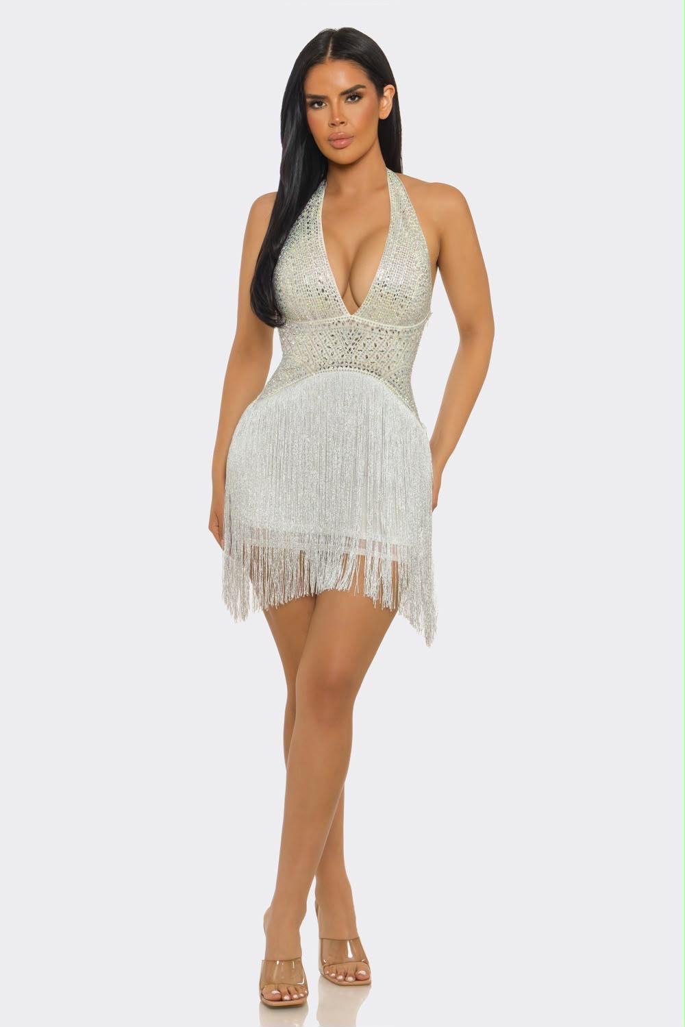 White Crystal & Fringe Halter Mini Dress