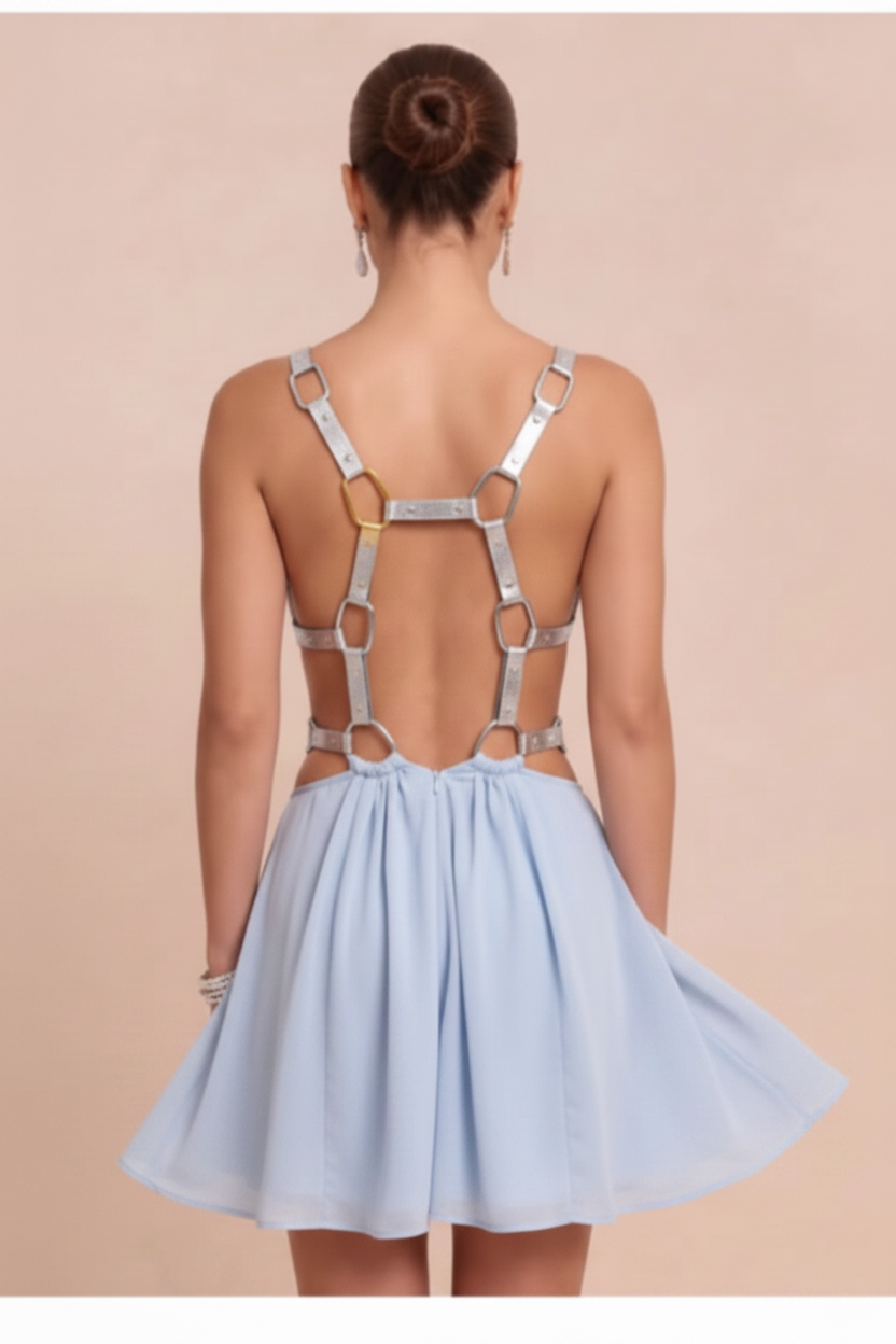 Back Detail - Light Blue Dress Silver Hardware