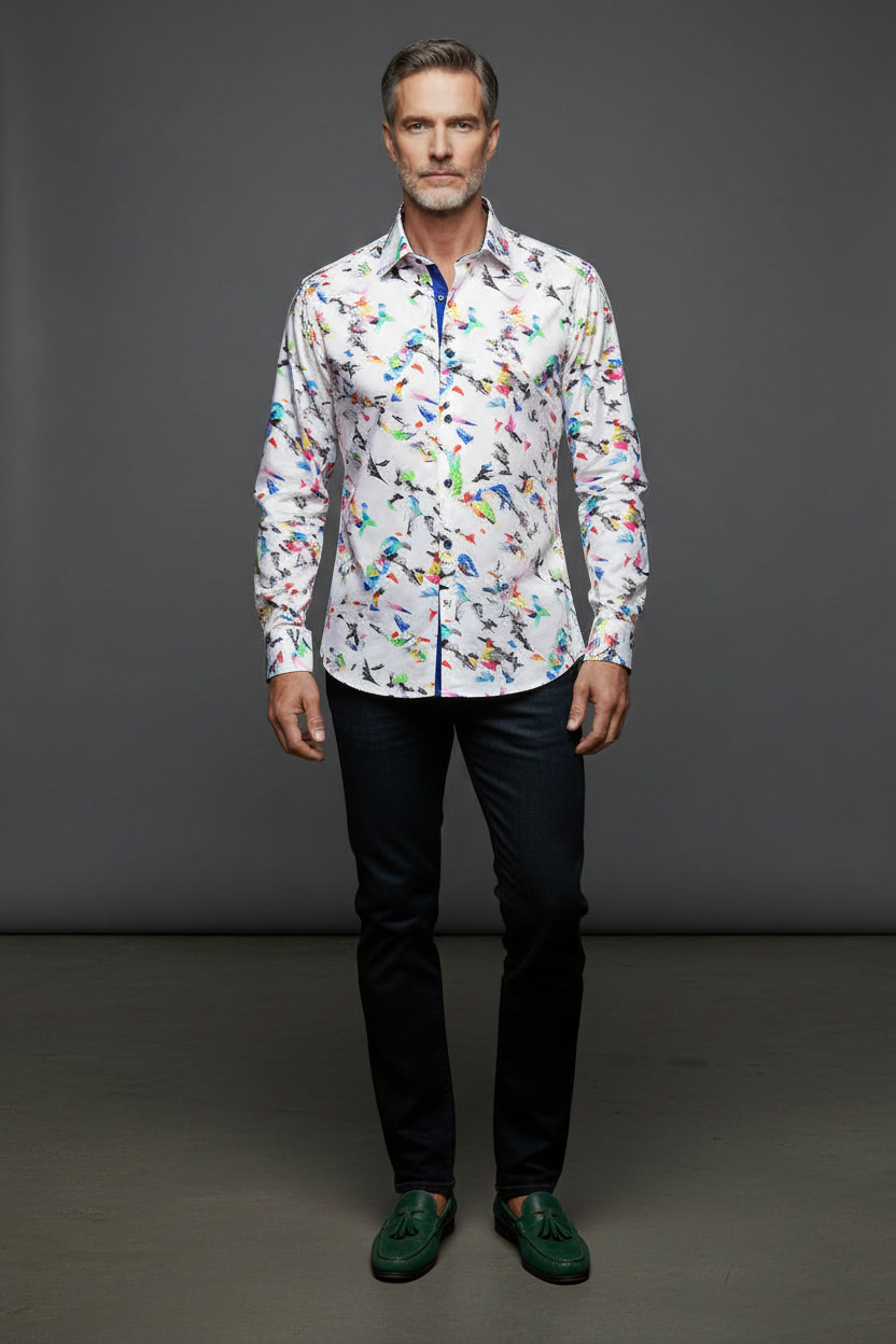 Bird-print shirt styled on model