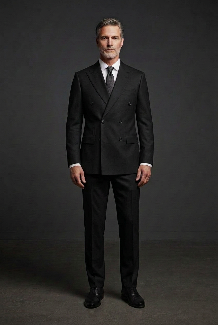 Black double-breasted suit with flap pockets