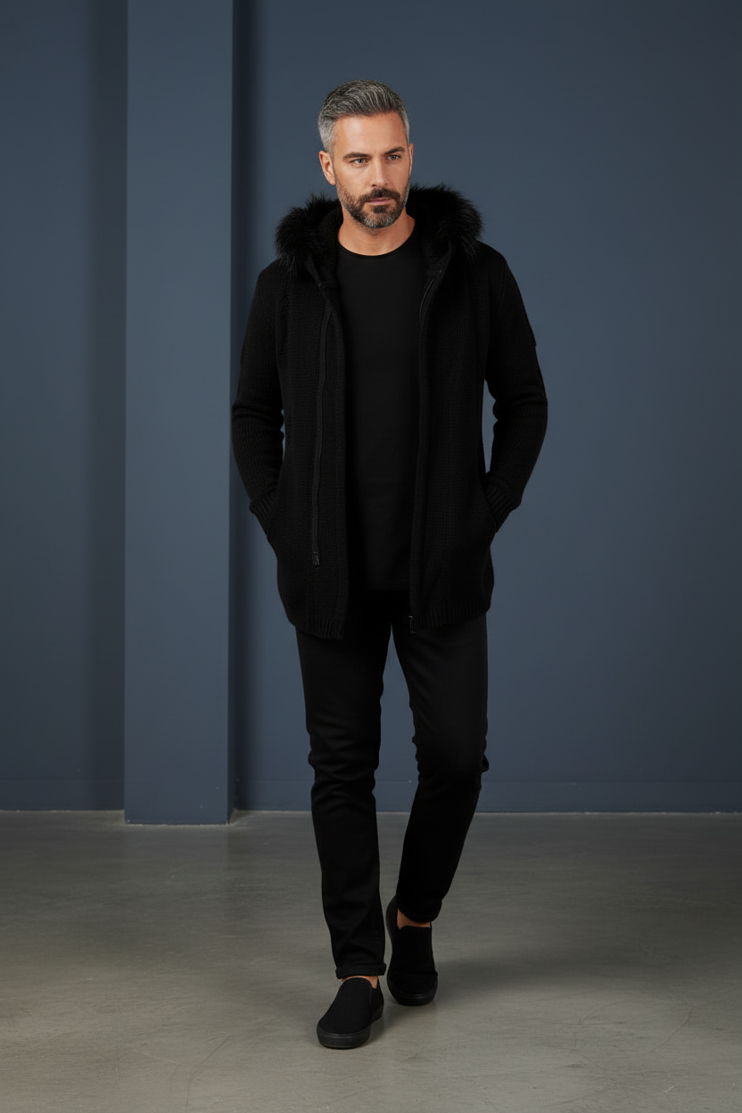 Black Fur Hood Cardigan - Front