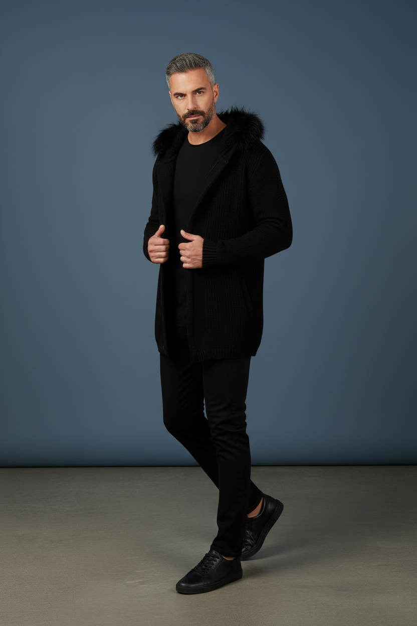 Black Fur Hood Cardigan - Three-Quarter