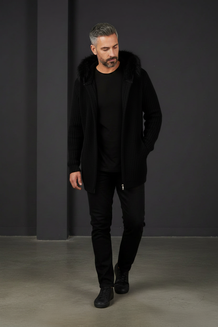 Black Fur Hood Cardigan - Walking