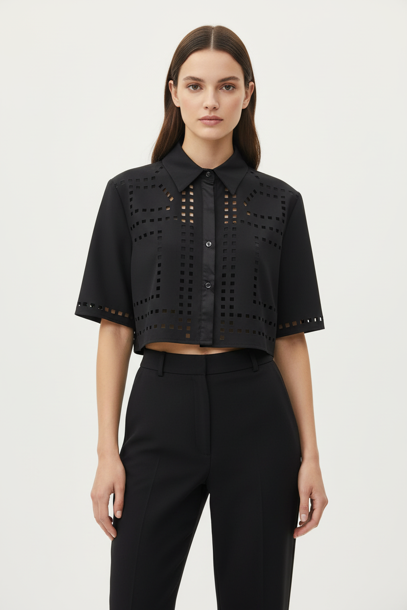 Black Laser-Cut Cropped Shirt on Model