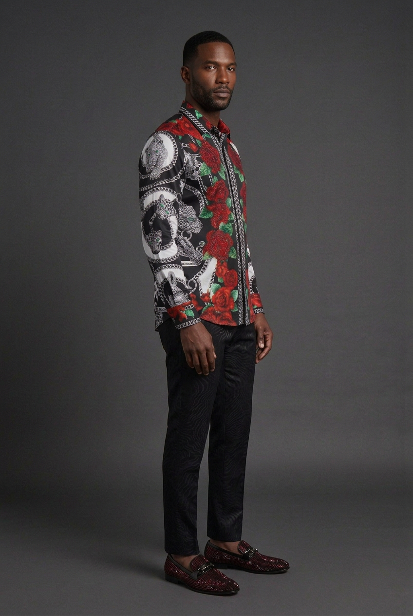 Black model side-profile pose
