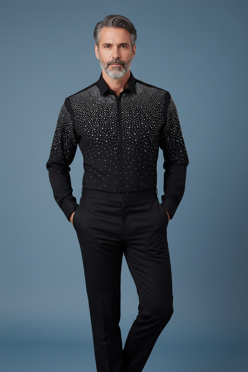 Black studded shirt hands in pockets