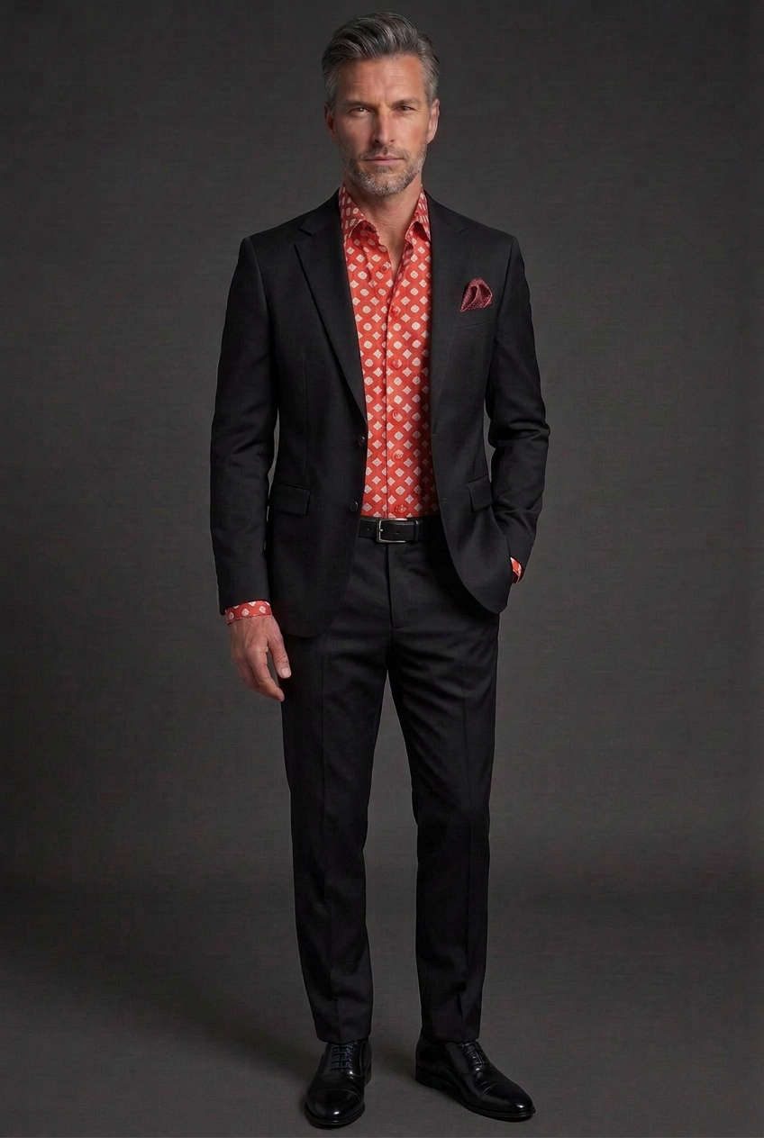 Black-suit look with a red pocket square and black leather belt
