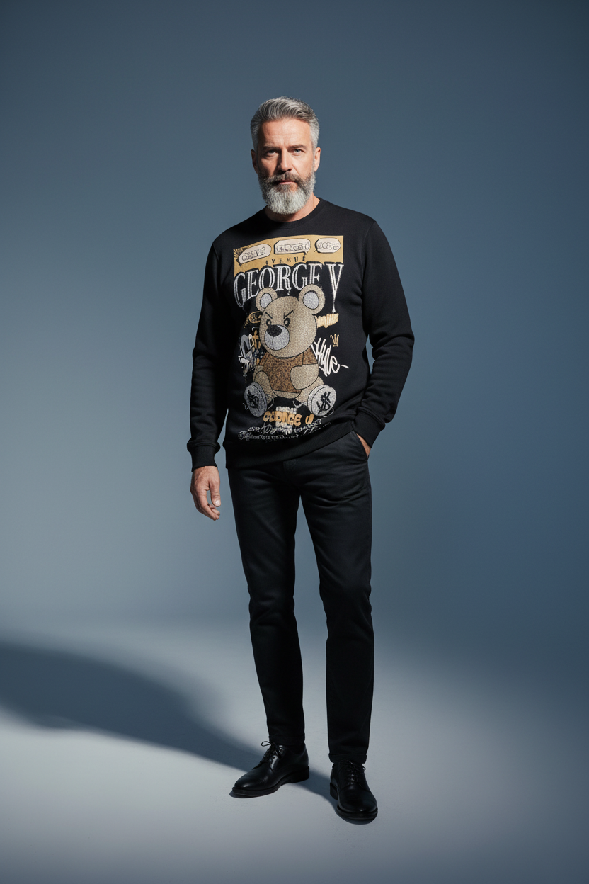 Black TEDDY BEAR GEORGE V Sweater - Confident Stance
