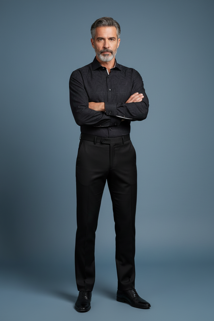 Black textured shirt with black pants arms crossed