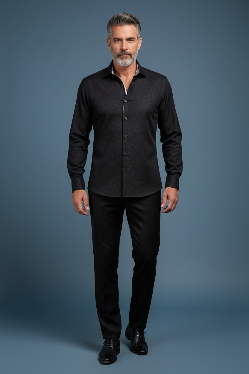 Black textured shirt with black pants front pose