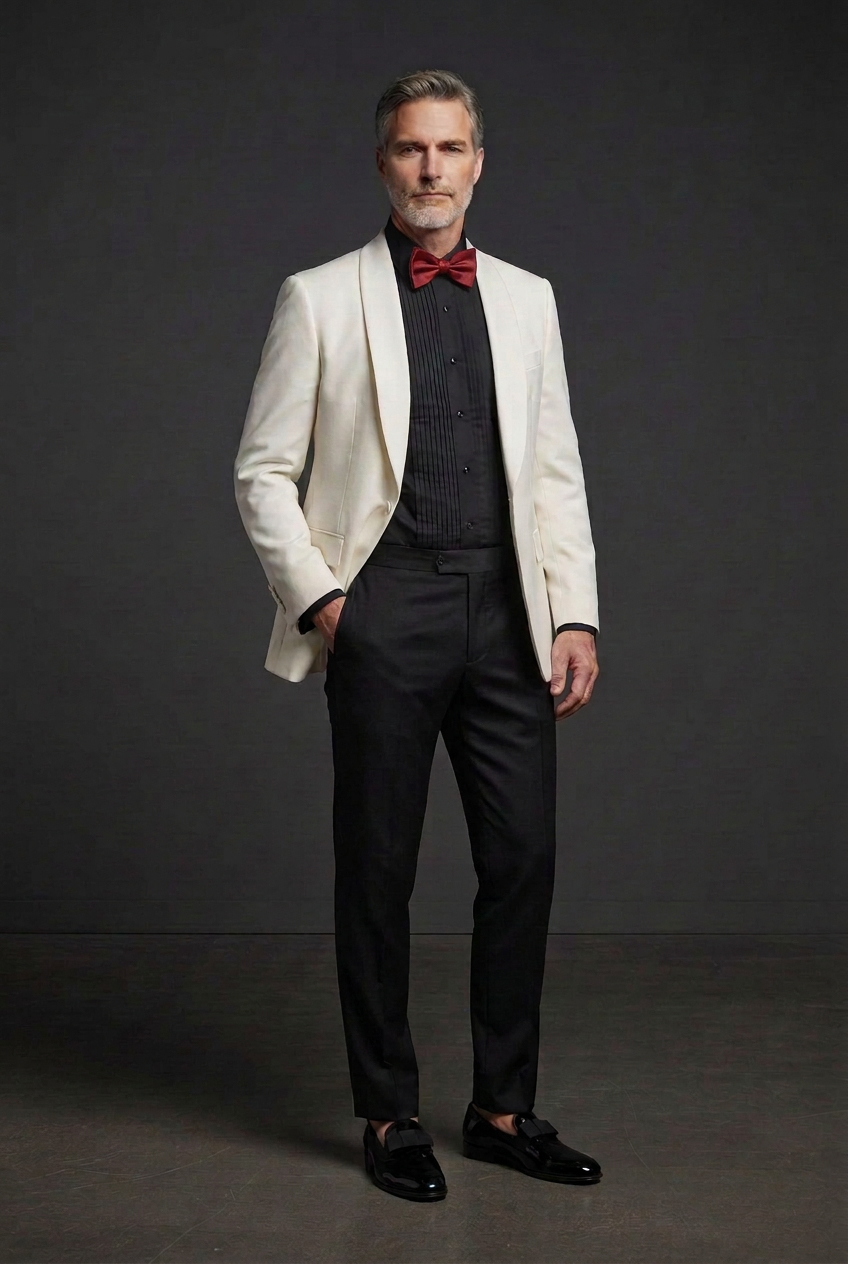 Black tuxedo shirt with red bow tie