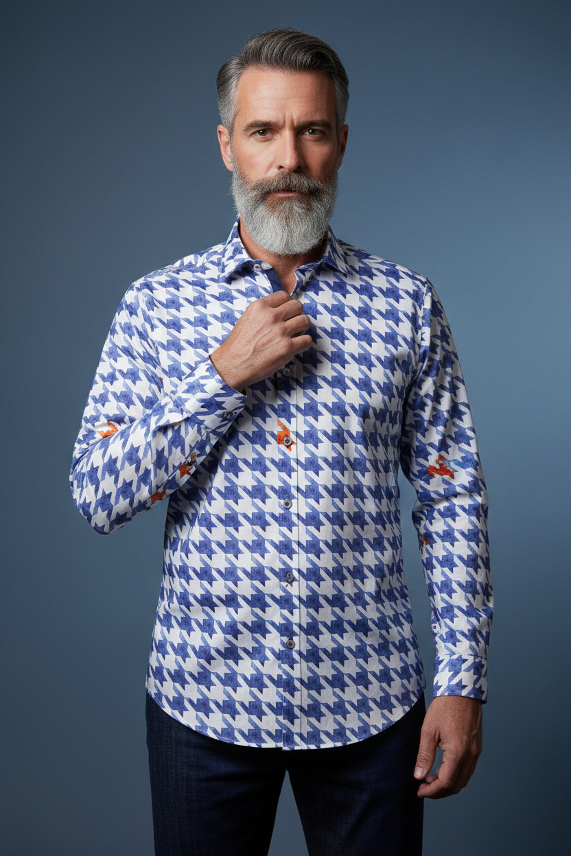 Blue patterned shirt adjusting collar