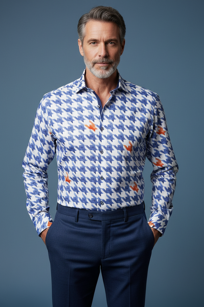 Blue patterned shirt hands in pockets