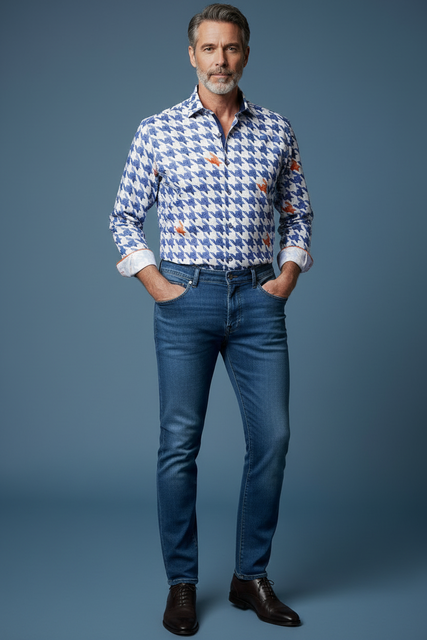 Blue patterned shirt with jeans hands in pockets