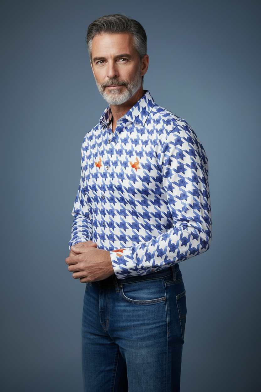 Blue patterned shirt with jeans three-quarter turn