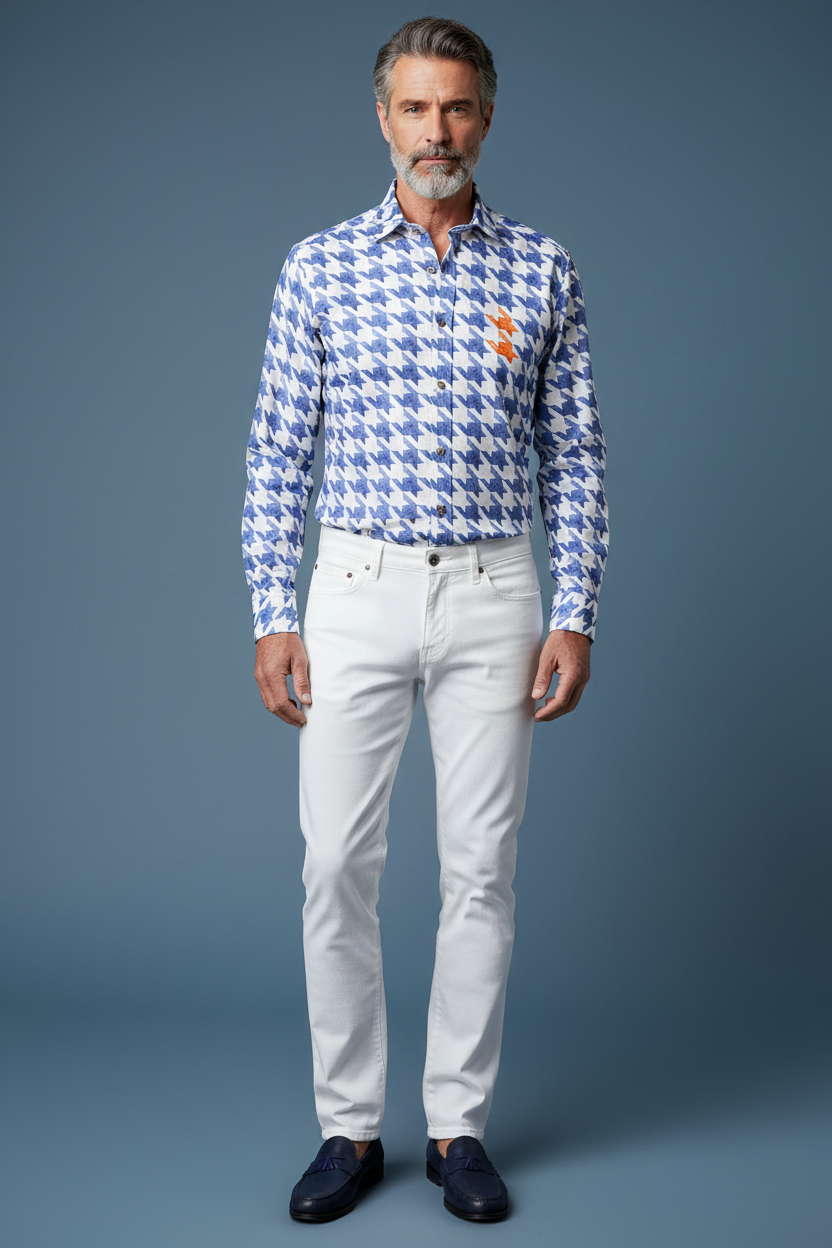 Blue patterned shirt with white jeans and navy loafers