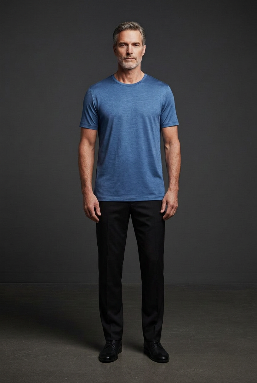 Blue round-neck T-shirt on Vercini’s signature model