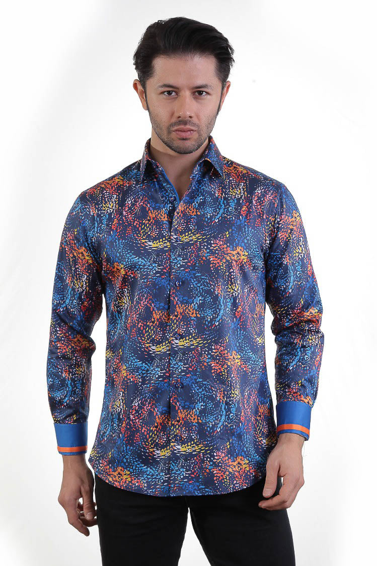 Blue Shirt With Wave Orange Yellow Design