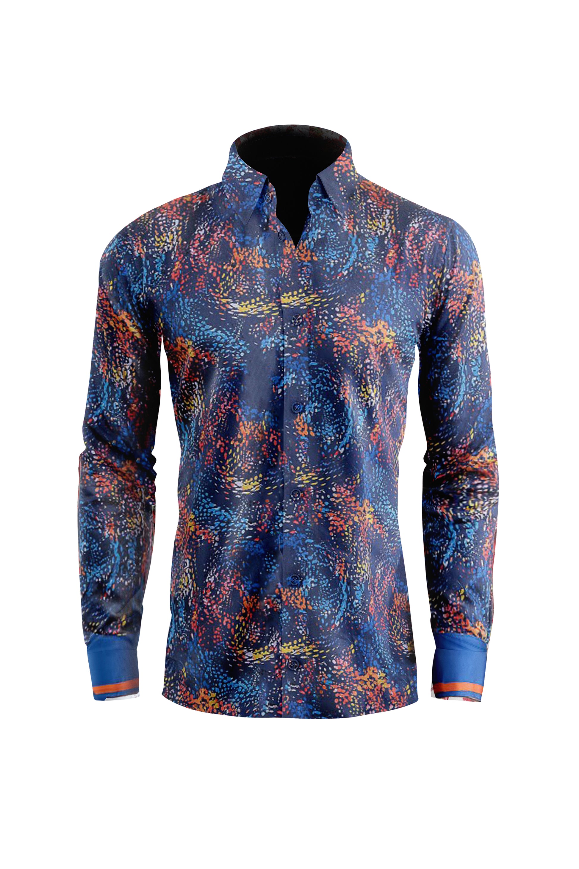 Blue Shirt With Wave Orange Yellow Design CASUAL SHIRT On Sale 30% Off Vercini