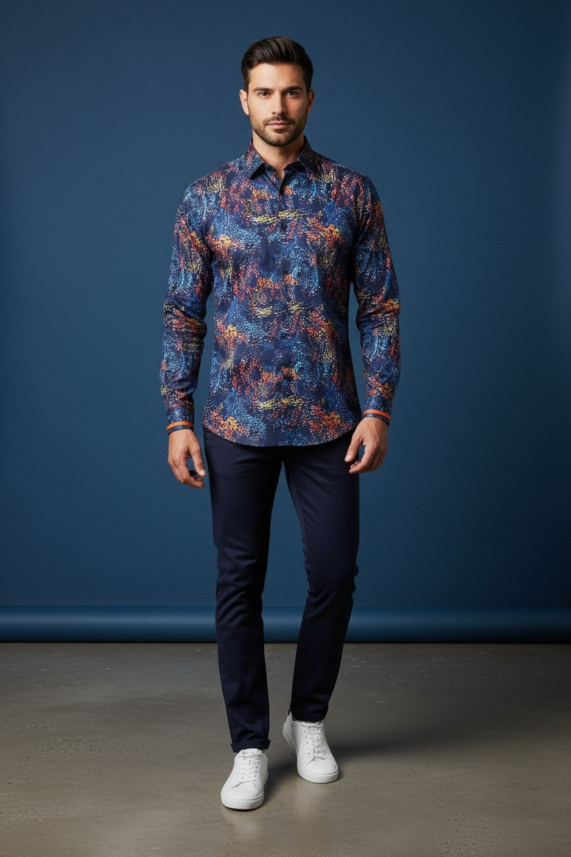 Blue Shirt With Wave Orange Yellow Design