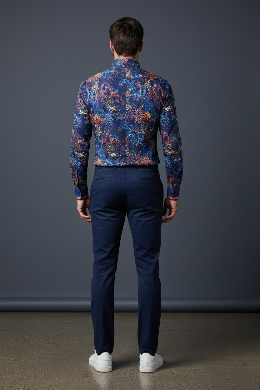 Blue Shirt With Wave Orange Yellow Design