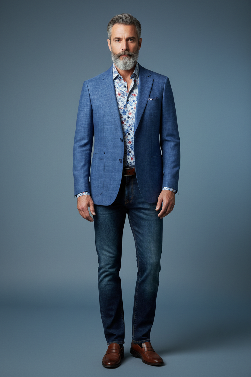 Blue Sport Jacket with Jeans - Front View