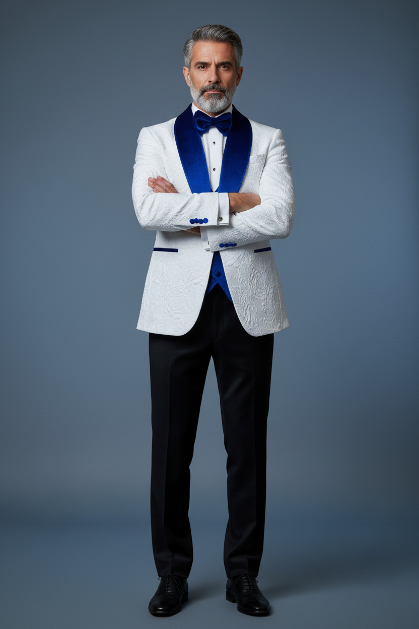 Blue velvet 3-piece confident pose