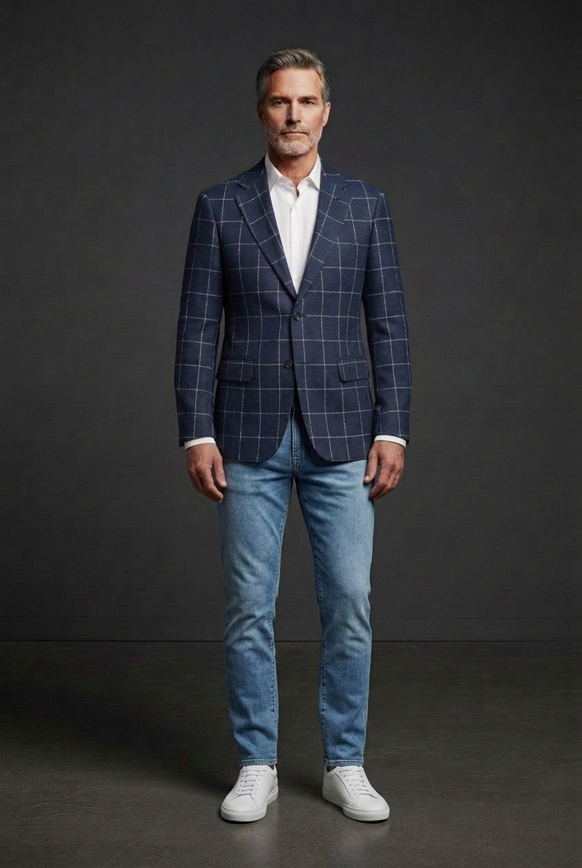 Blue windowpane jacket styled with light-wash jeans and white sneakers
