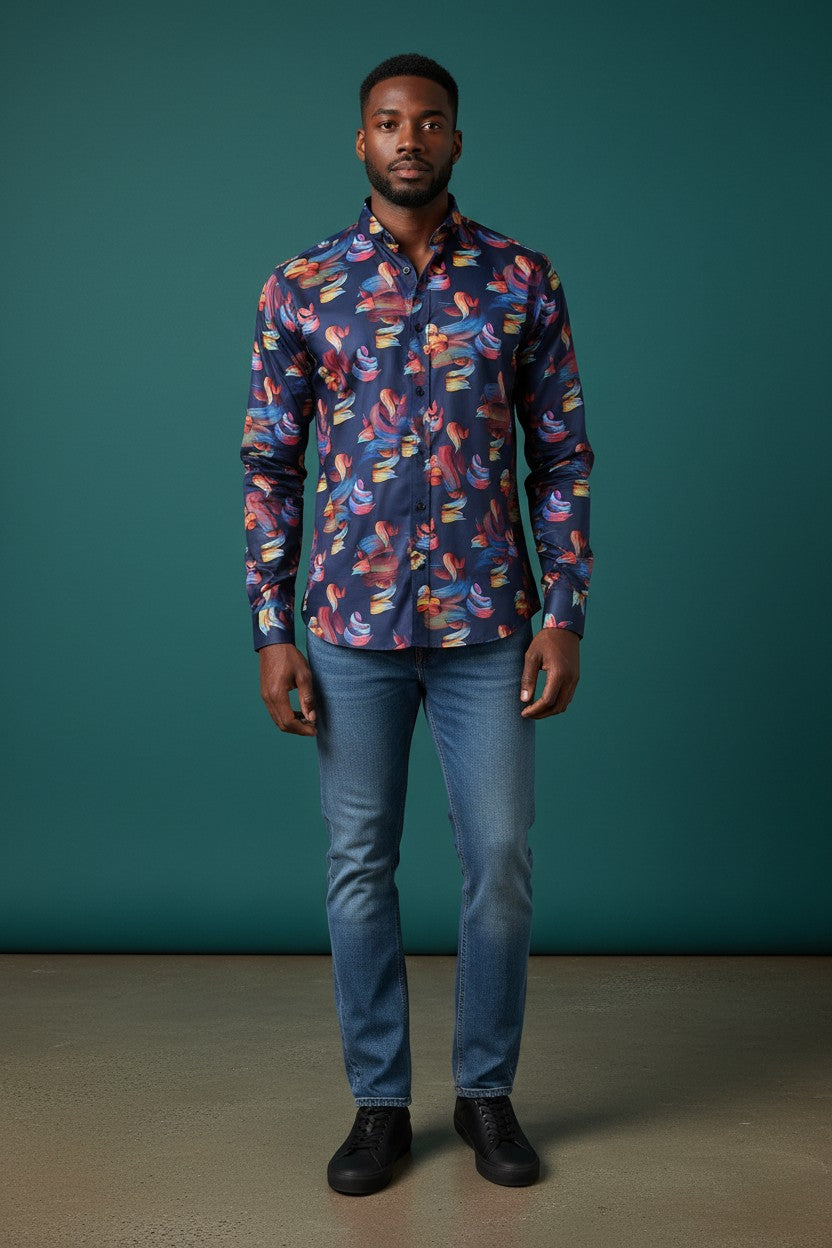Vercini Navy Multi-Color Paint Collar Shirt