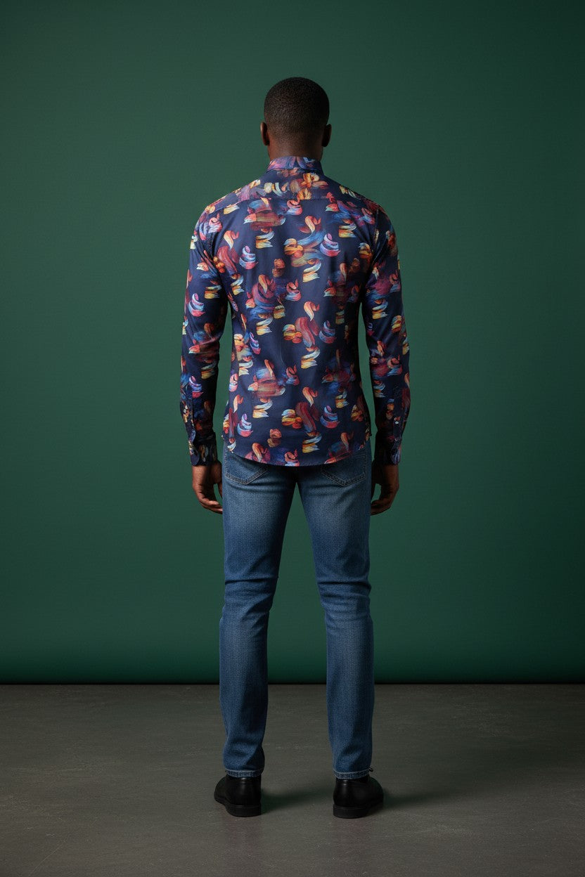 Vercini Navy Multi-Color Paint Collar Shirt