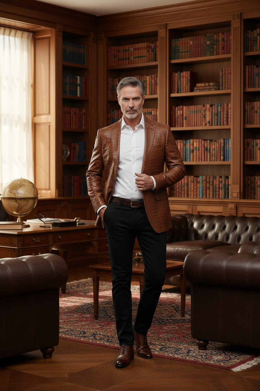 Luxury Crocodile Embossed Blazer - Cognac Brown/black