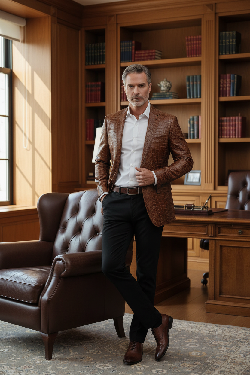 Luxury Crocodile Embossed Blazer - Cognac Brown/black
