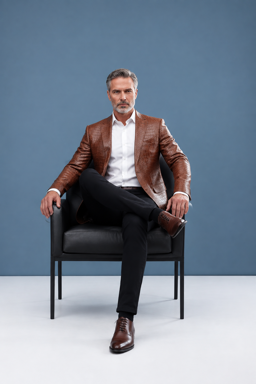 Brown jacket seated pose