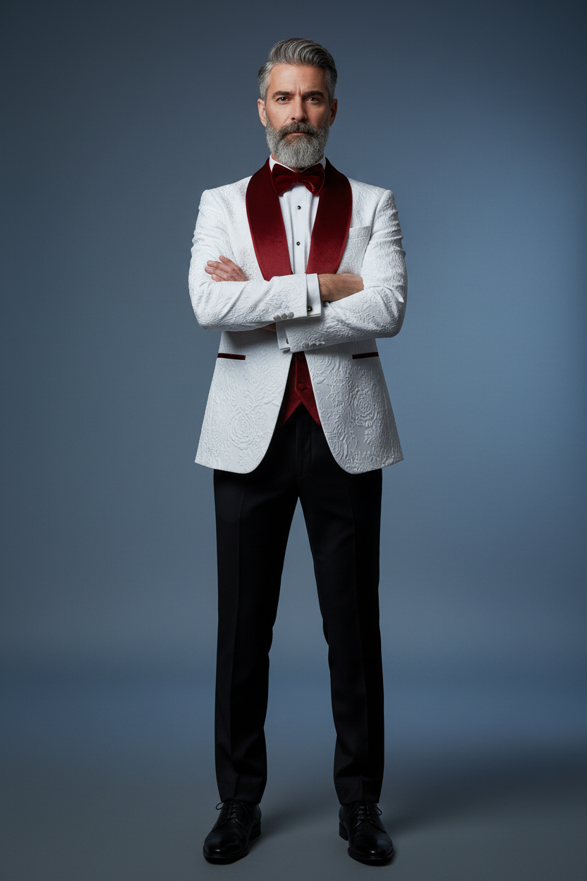 Burgundy velvet 3-piece confident pose
