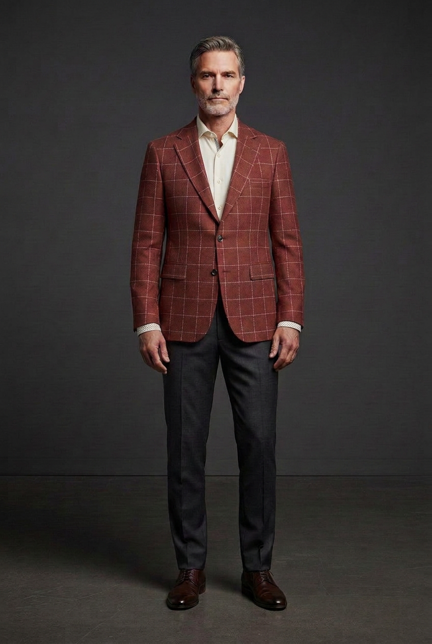 Burgundy windowpane jacket paired with the uploaded cream shirt
